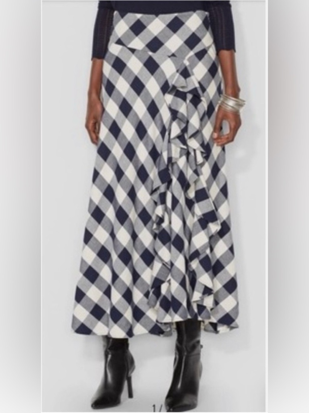 Ralph Lauren Navy and White Gingham Ruffle Maxi Skirt Size 2